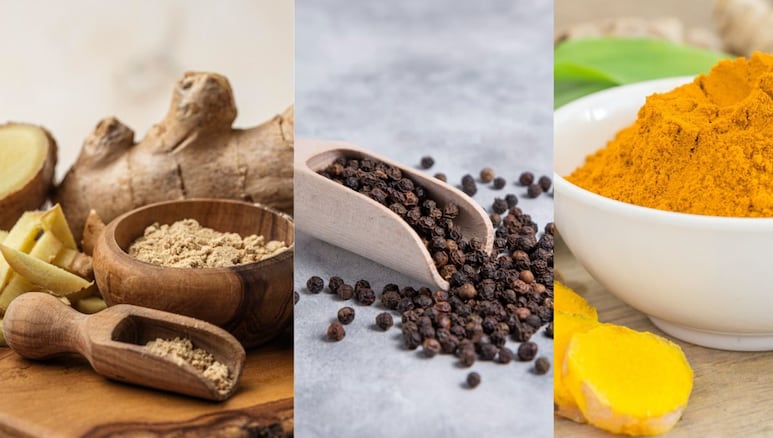 jengibre, pimienta negra y cúrcuma