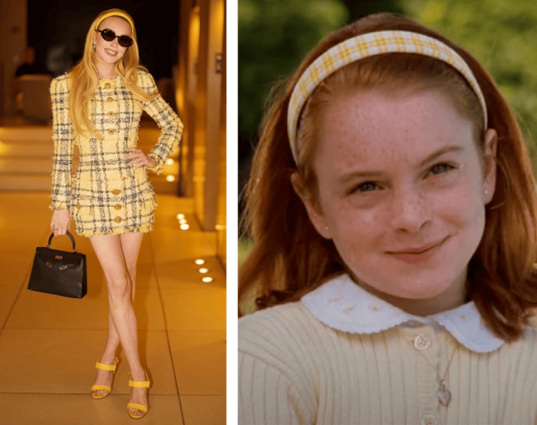 Lindsay Lohan con conjunto amarillo estilo Annie James