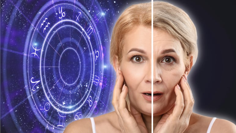 Mujer joven con expresión madura y fondo de símbolos zodiacales ilustrando los signos del zodiaco que lucen de mayor edad