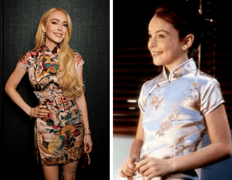 Lindsay Lohan con vestido oriental floral al estilo Hallie