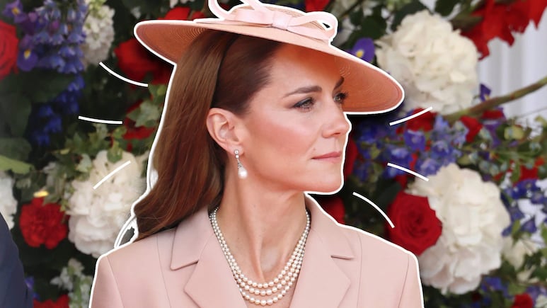 Kate Middleton recibe a los Macron con chaqueta rosa Dior y joyas reales